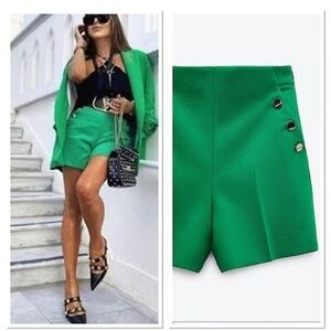 Zara High Waist Green Shorts with Button Detail